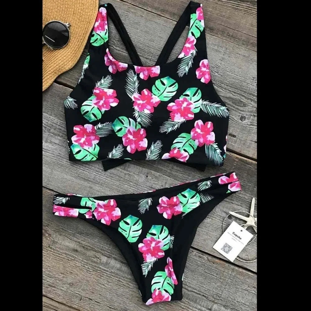 Cupshe Choose Me Floral Monstera Plant Bikini M